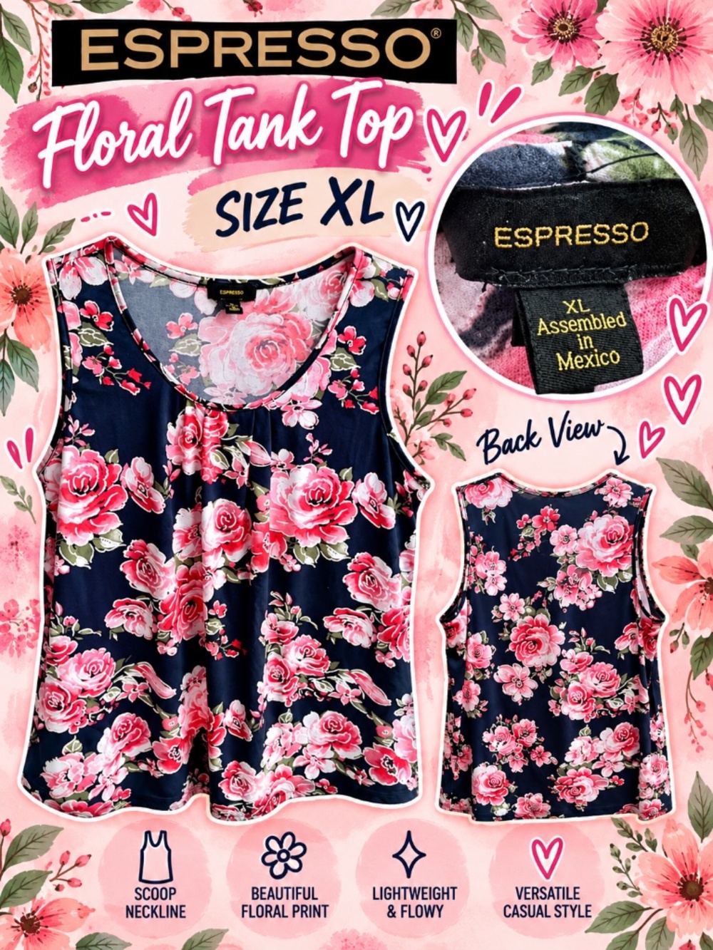 Espresso Women’s XL Navy Floral Sleeveless Tank Top 🌹